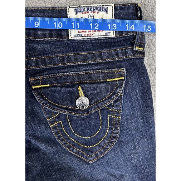 True Religion Jeans Womens 28 Straight Leg Dark Wash USA Yellow Stitch Flap Pkt - Picture 10 of 12